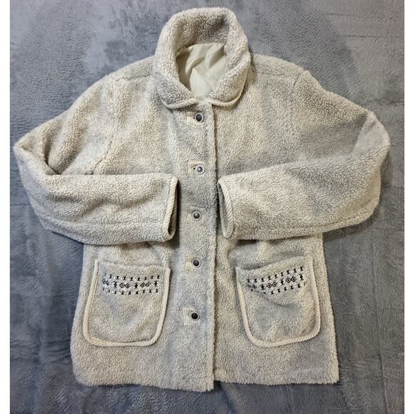 Tudor Court Sherpa Fleece Jacket L Beige Snap Button Pockets Embroidered Boho - Picture 1 of 9